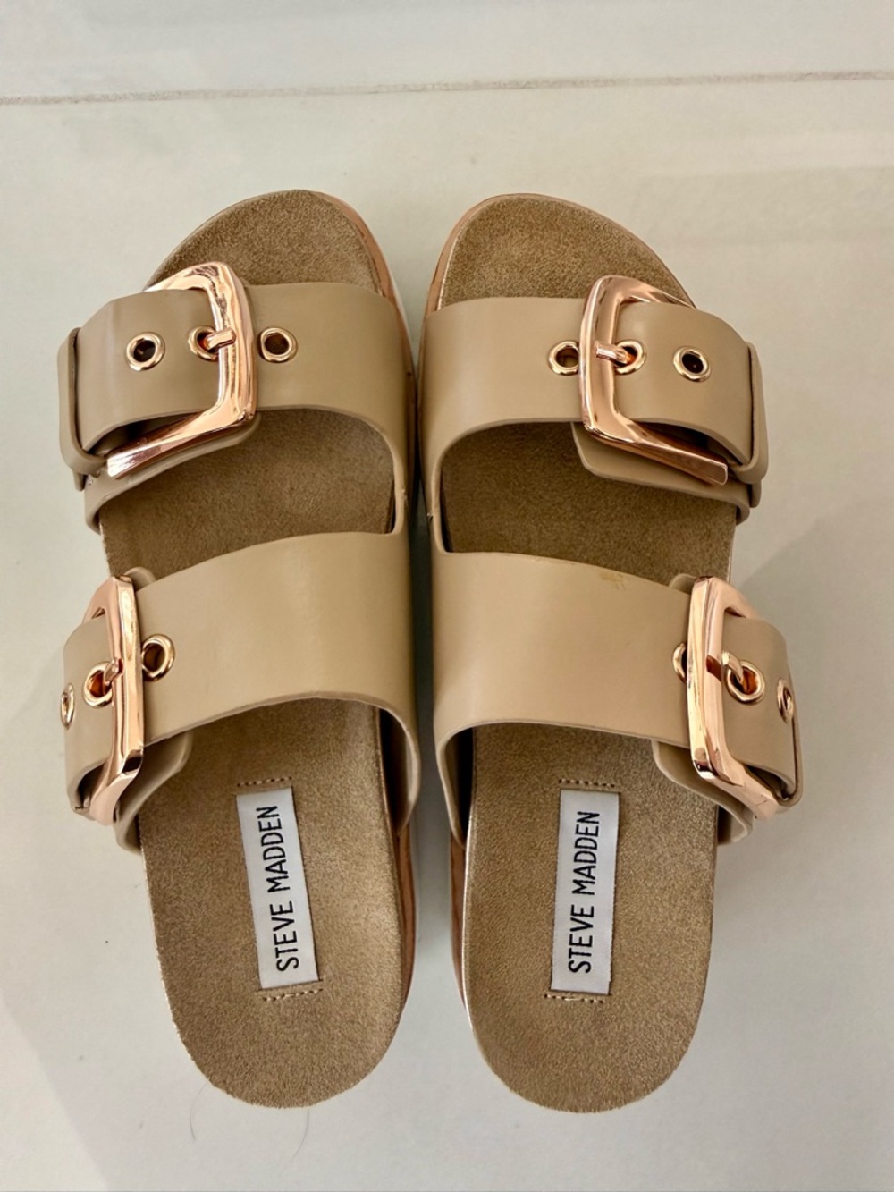 Steve Madden Nude Slide Sandals with Rose Gold Buckles